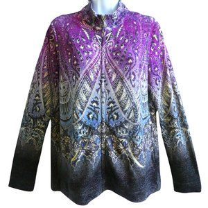 Chico's Zenergy Jacket Mediterranean All Over Print Full Zip MeTaLLiC Bling 1 M